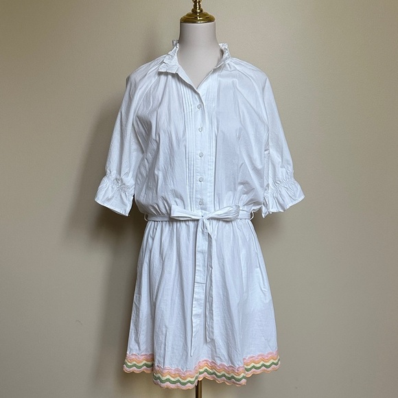 Mazik Button Up 3/4 Sleeved Belted White Dress with Pastel Trim - Picture 1 of 5